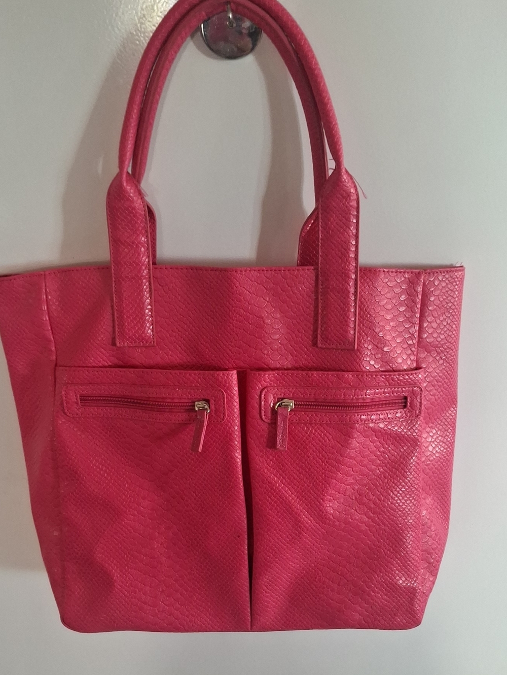 Neiman Marcus Hot Pink Textured Tote with Dual Zip Front Pockets